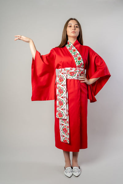RONAMI Red Traditional Romanian motifs with Japanese sleeves - OhKimono