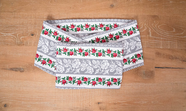 Akai Belt (white&grey with red roses) 100% cotton - OhKimono